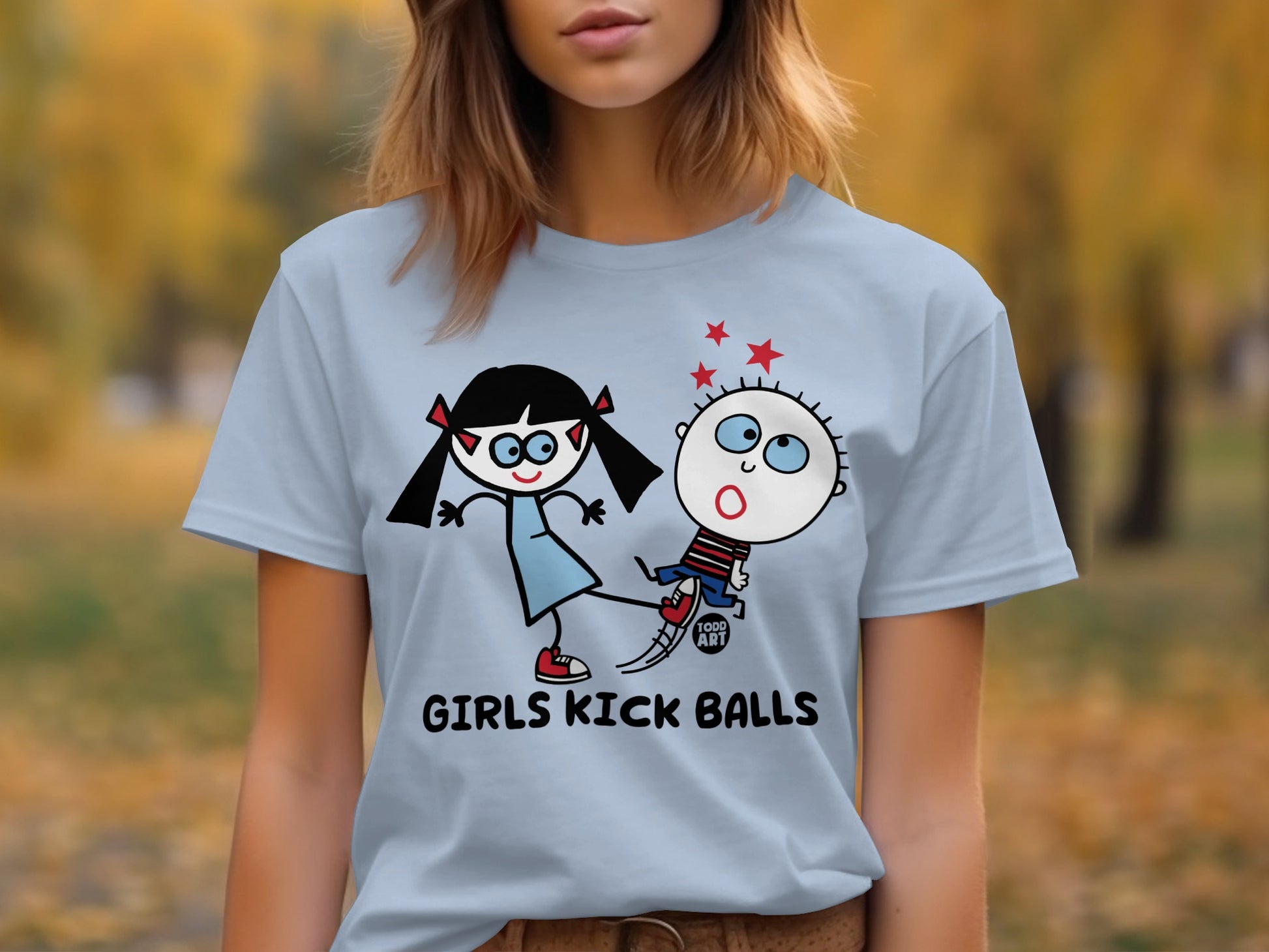 Girls Kick Balls Funny Cartoon Illustration T-Shirt
