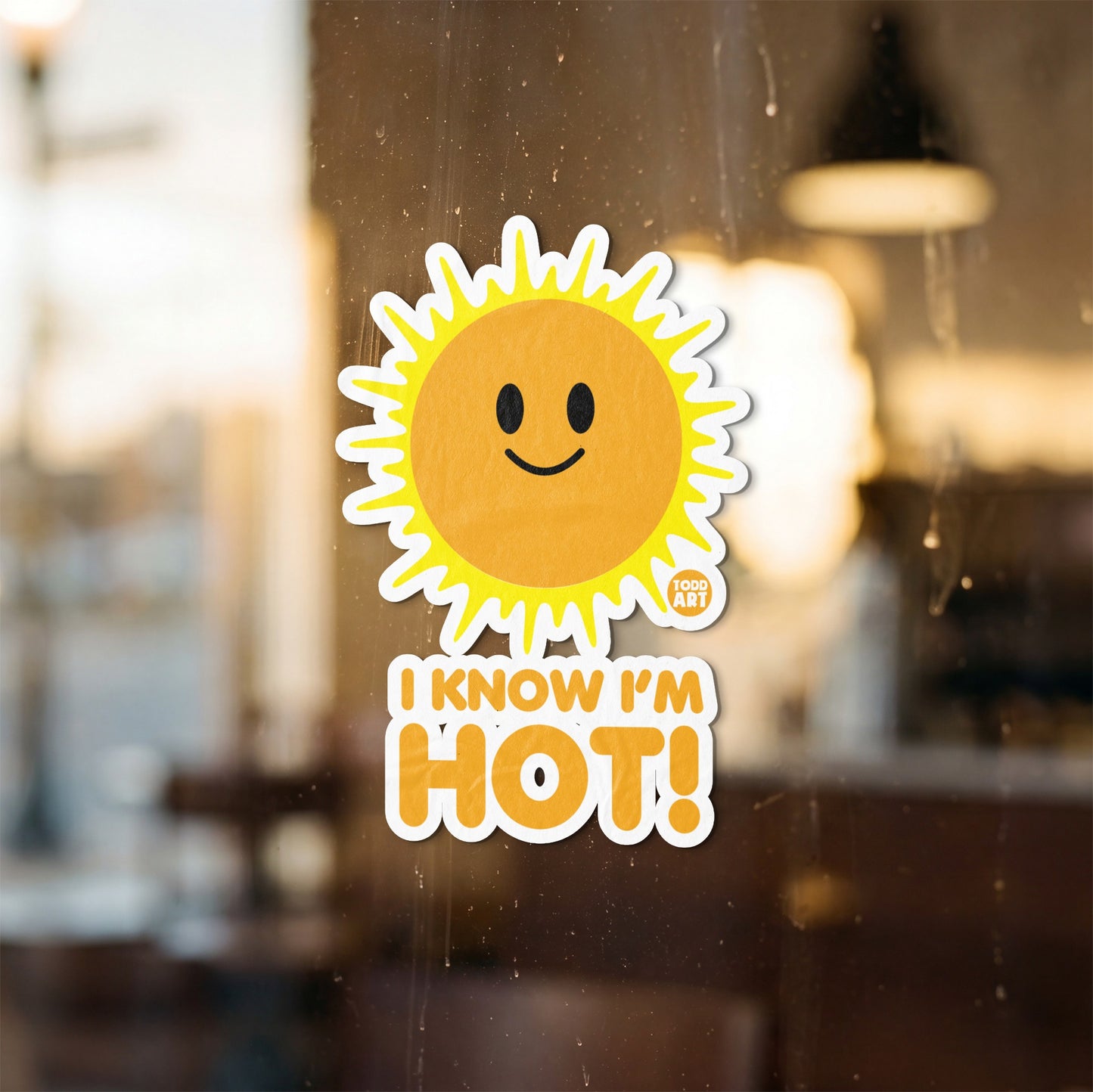 "I Know I'm HOT!" sticker featuring a smiling sun and the "Todd Art" logo.