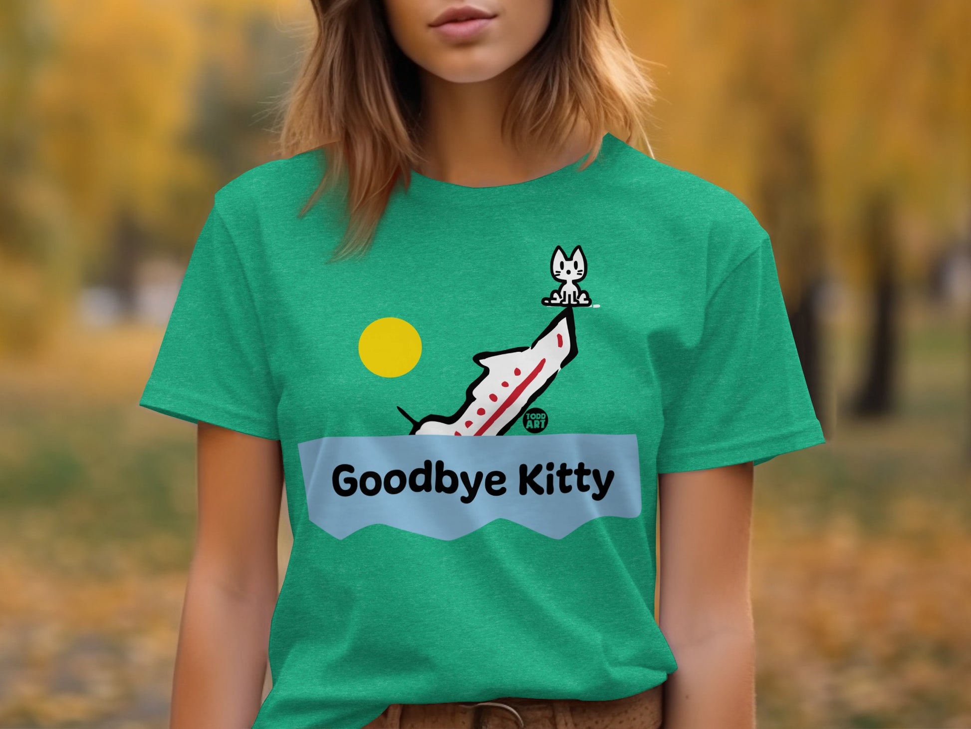 Fun Green Goodbye Kitty Shark Graphic T-shirt Design