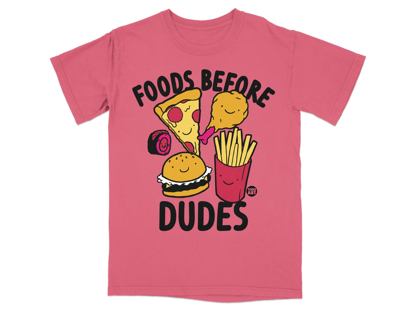 T-shirt with "FOODS BEFORE DUDES" text and cartoon illustrations of food.