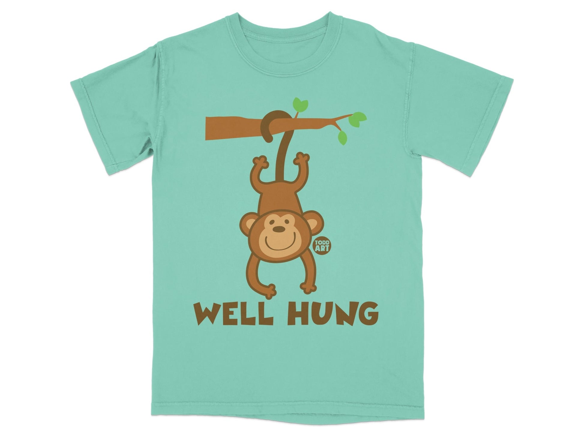 Teal t-shirt with a cartoon monkey hanging from a branch, text "WELL HUNG" below.