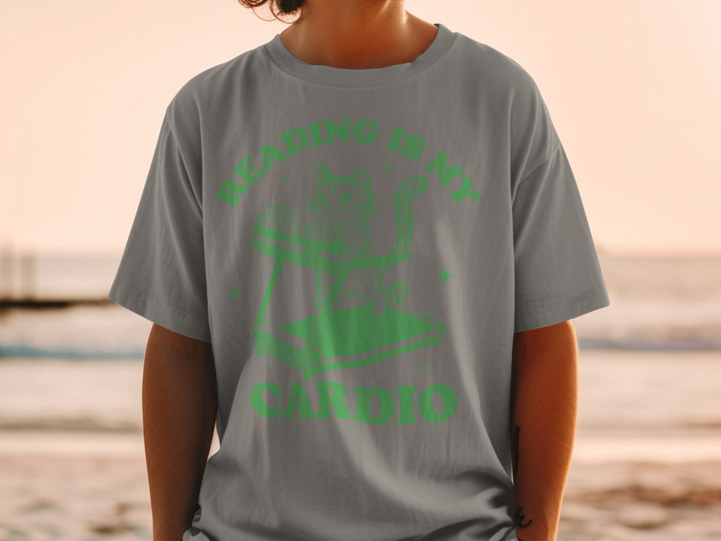 Reading Is My Cardio Cat Design Printed T-shirt