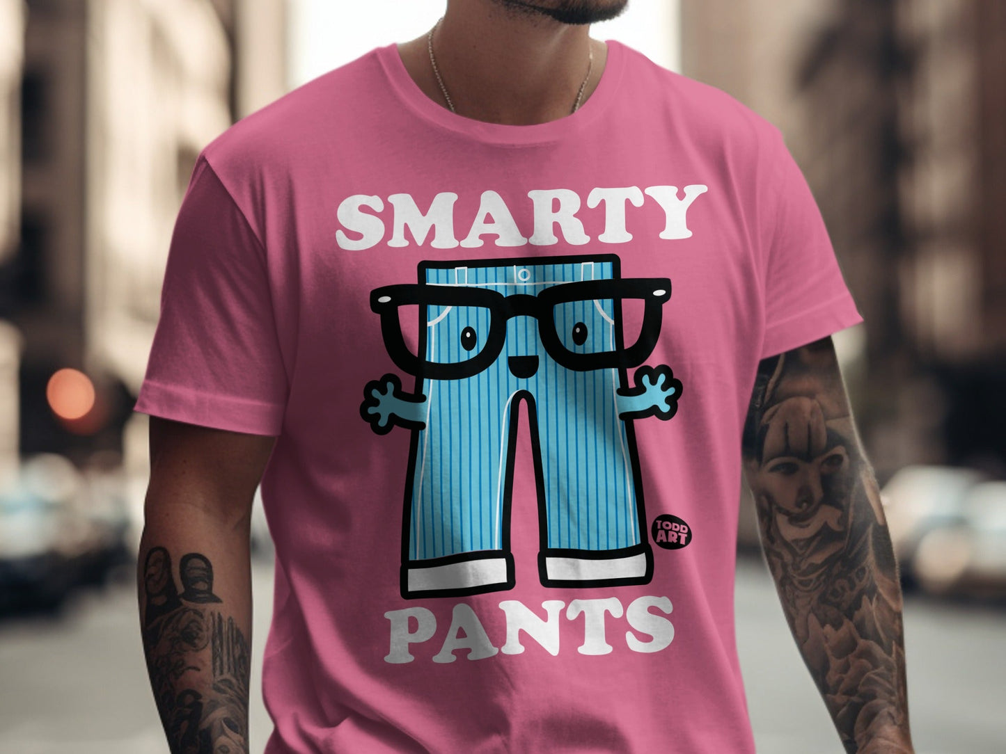 Pink t-shirt with cartoon pants and "SMARTY PANTS" text.