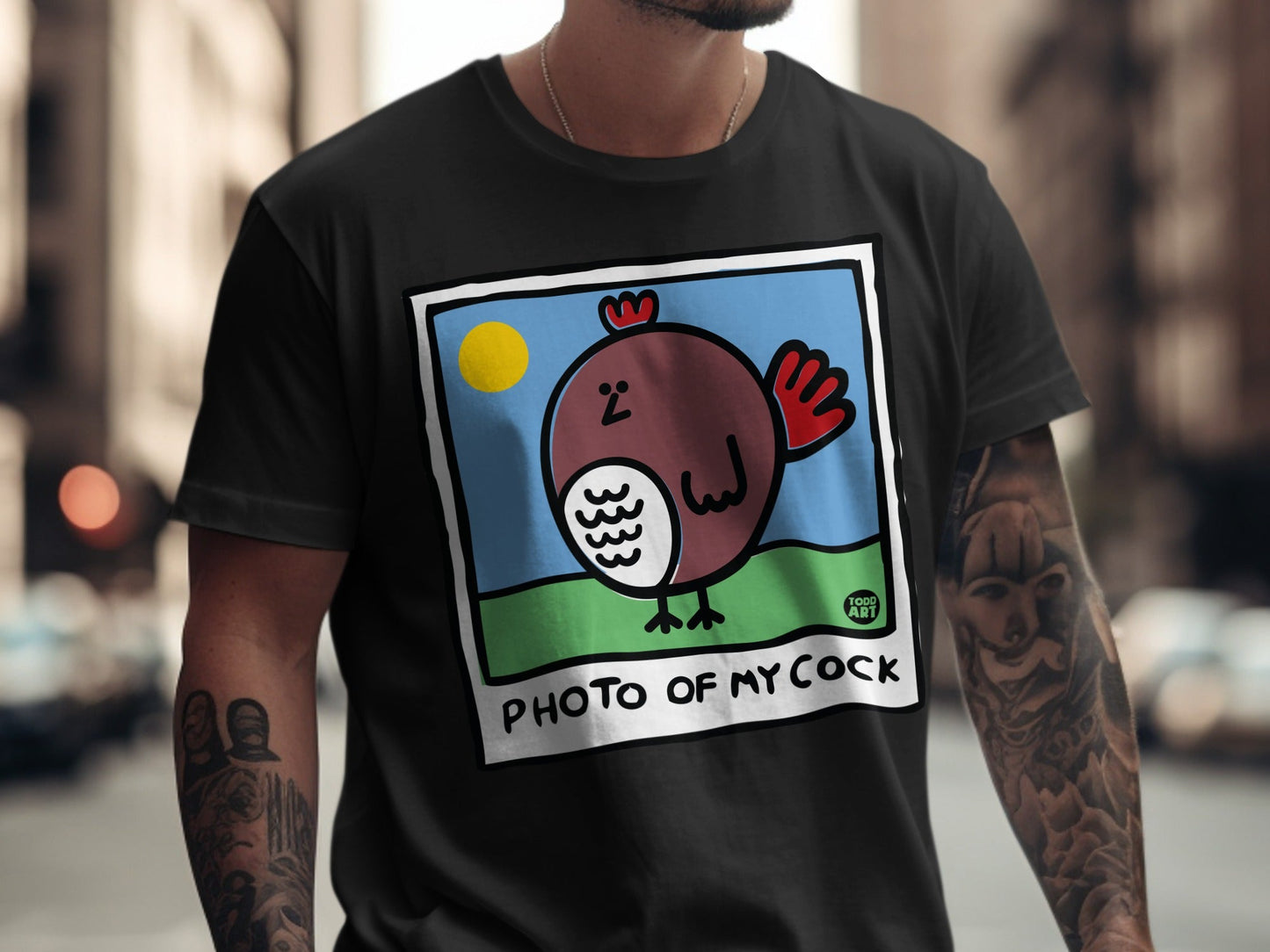 Black t-shirt with cartoon chicken graphic and "PHOTO OF MY COCK" text.
