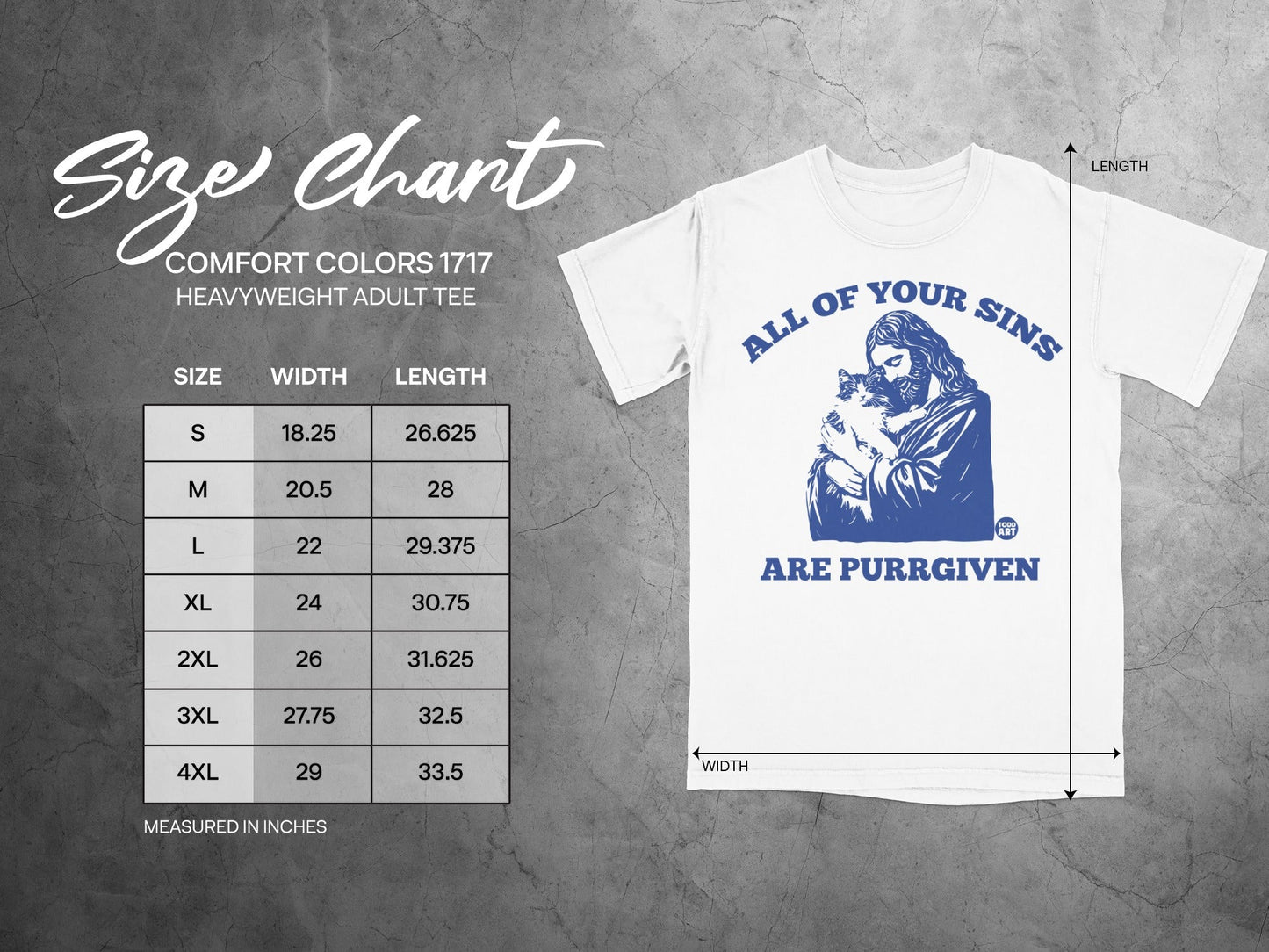 Size chart for Comfort Colors 1717 heavyweight adult tee with cat graphic.