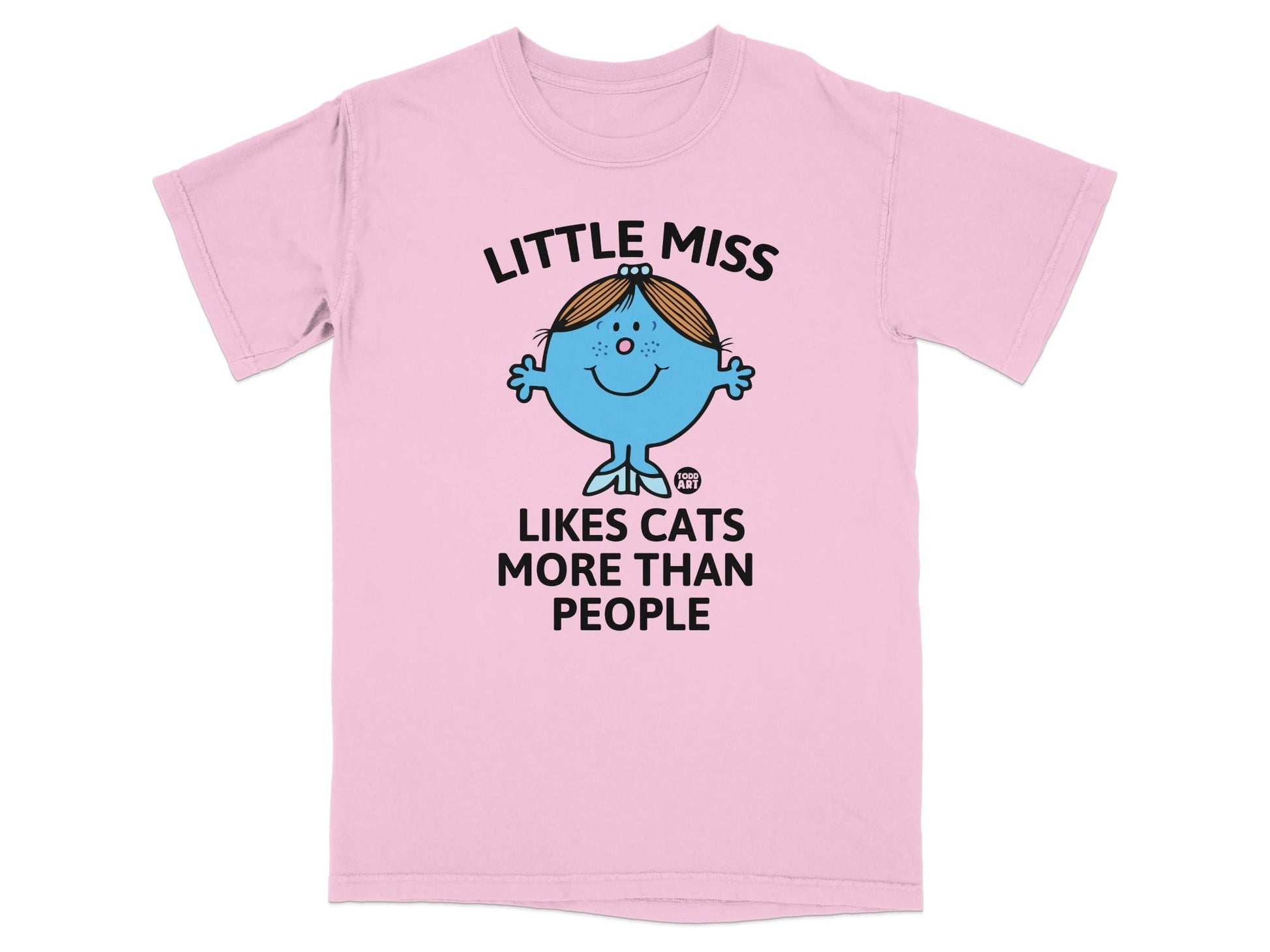 Pink t-shirt with Little Miss character and text "LITTLE MISS LIKES CATS MORE THAN PEOPLE".