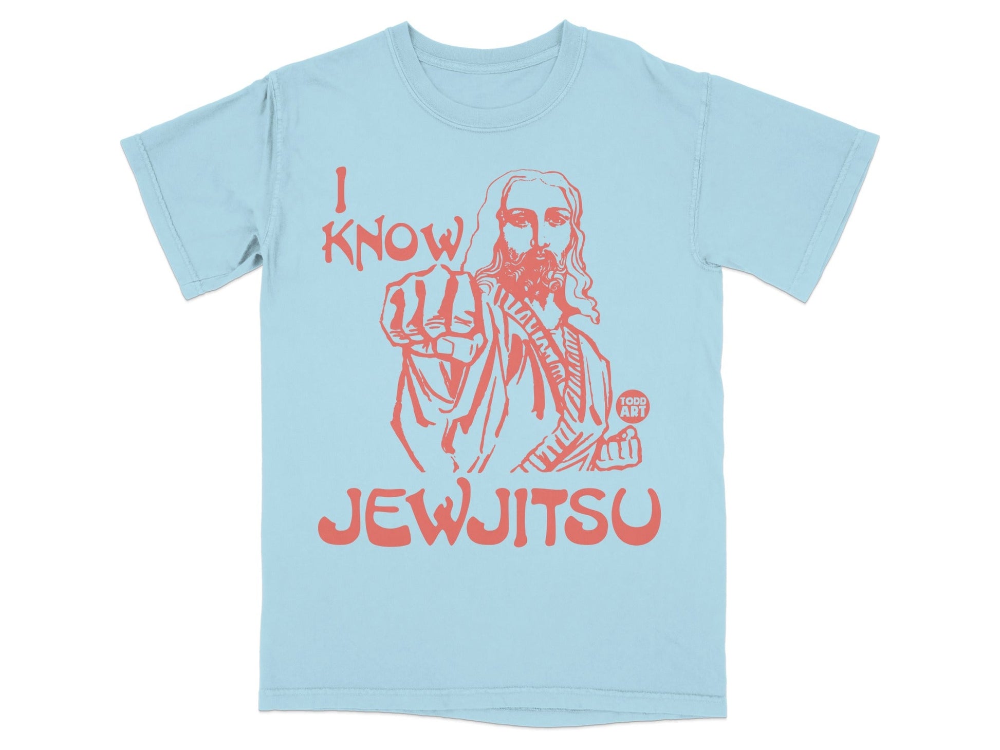Light blue t-shirt with "I Know JewJitsu" and Jesus pointing forward.