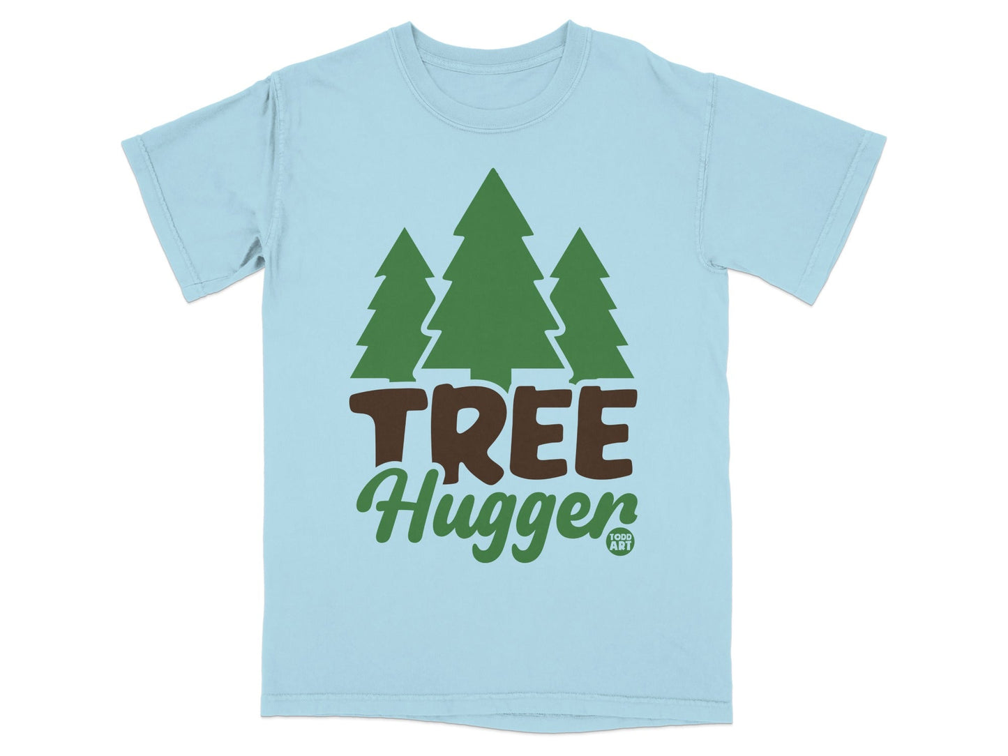 Light blue t-shirt with green trees and "TREE Hugger" text.