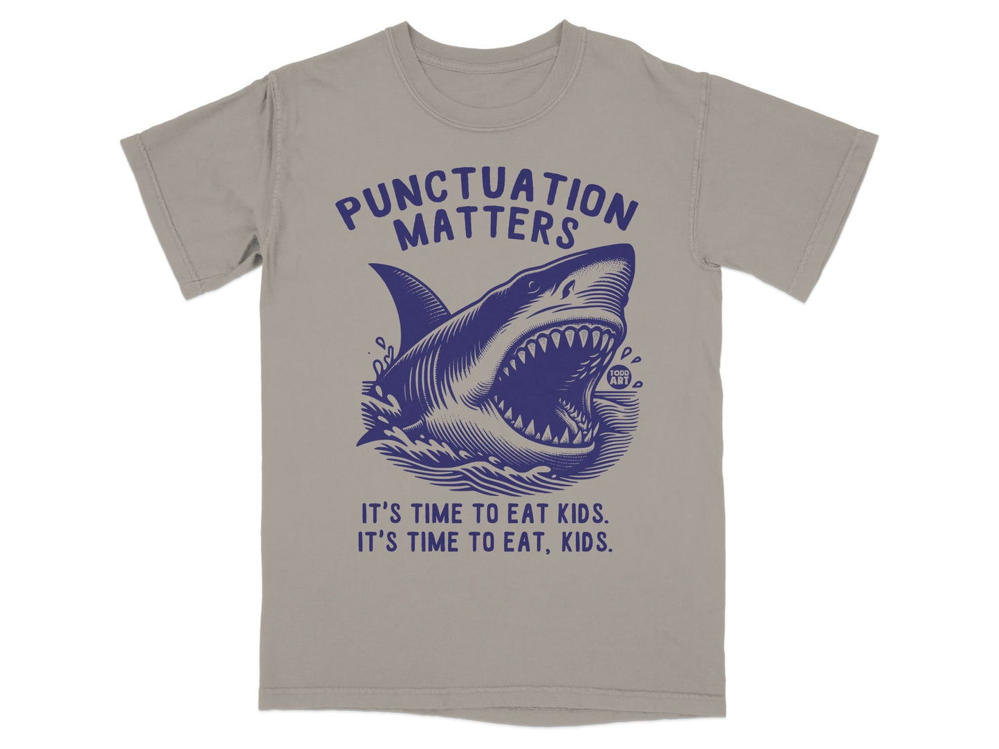 T-shirt with navy graphic of shark and text "Punctuation Matters".