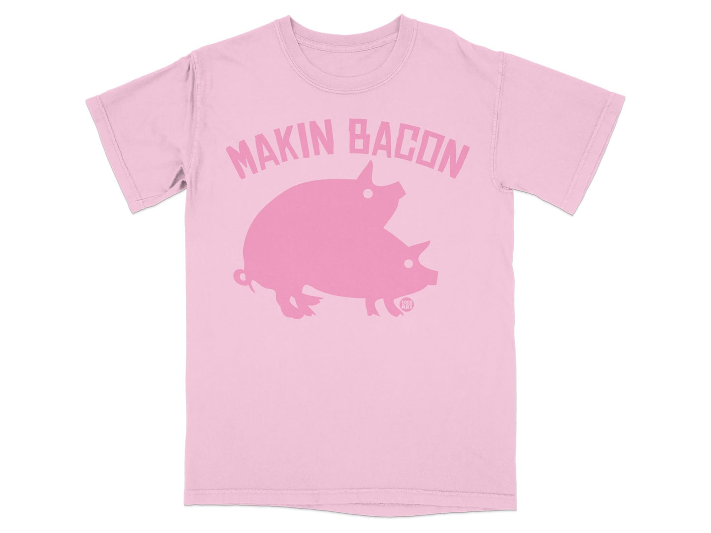 Pink t-shirt with two pigs and "Makin Bacon" text.