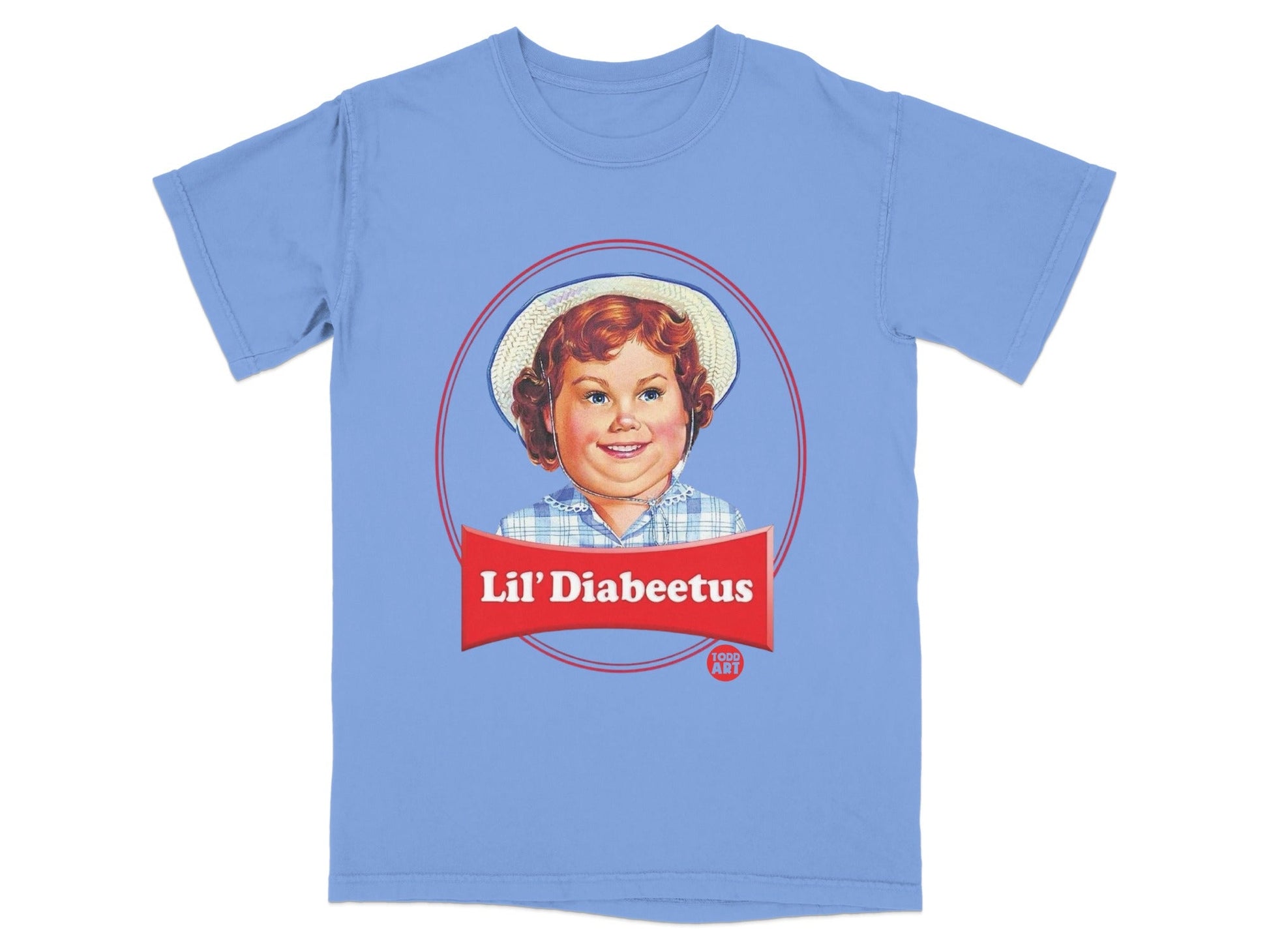 Blue t-shirt with "Lil' Diabetus" text and a child's face in a red circle.