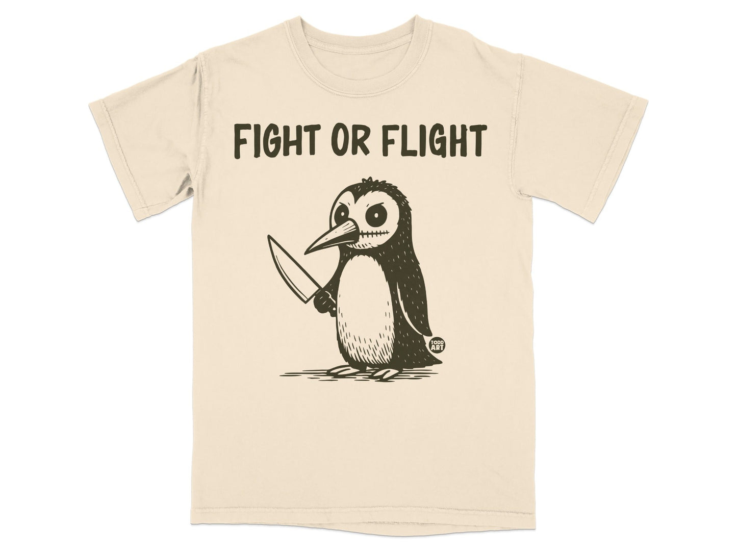 Cartoon penguin wearing a t-shirt holding a knife, text "FIGHT OR FLIGHT".