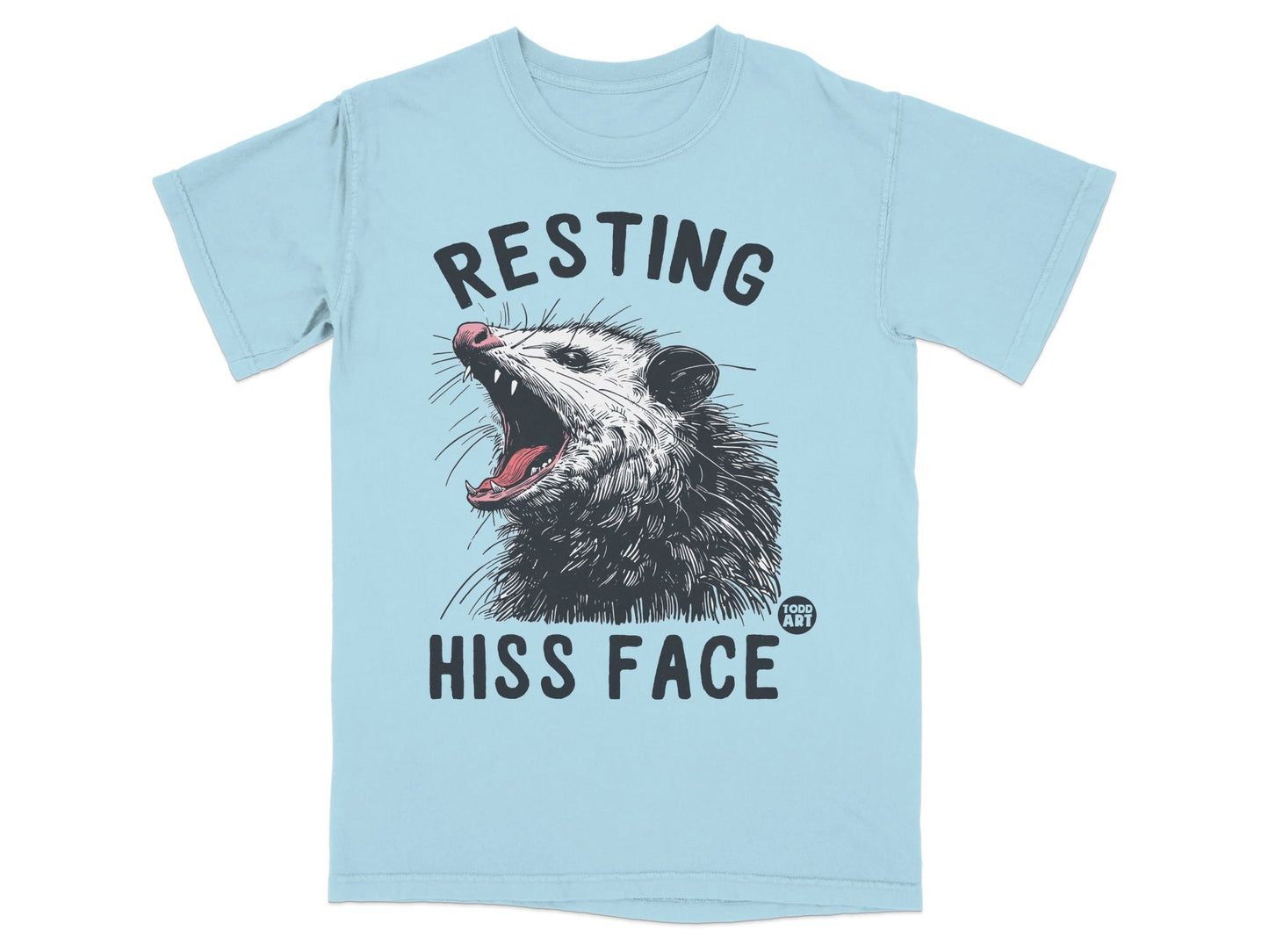 Light blue t-shirt with a detailed opossum graphic and text "RESTING HISS FACE".