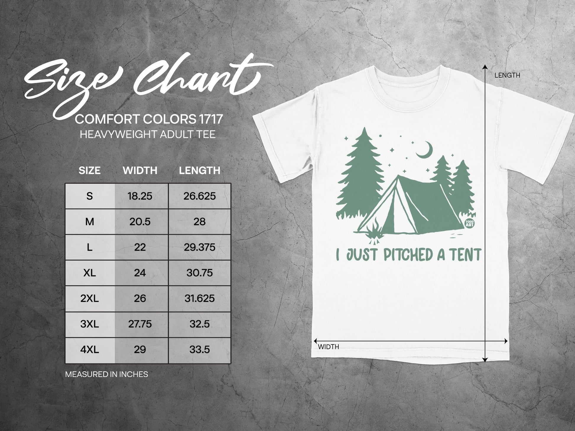 Comfort Colors 1717 size chart with t-shirt graphic.