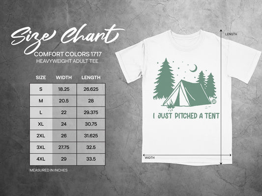 Comfort Colors 1717 size chart with t-shirt graphic.