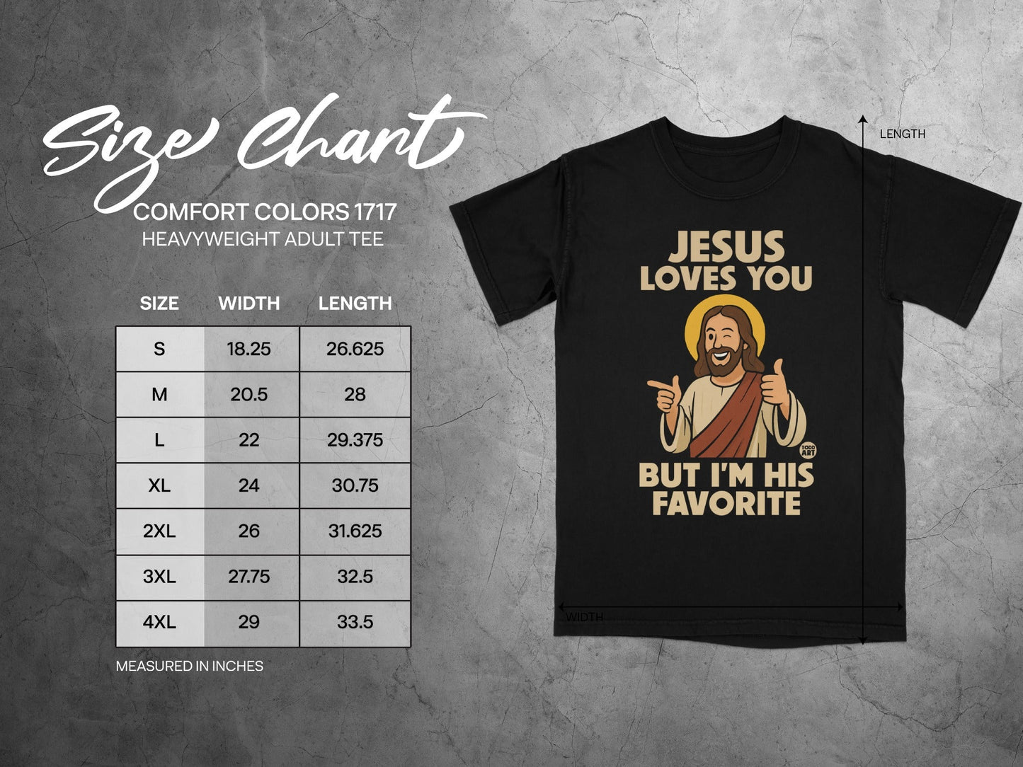 Comfort Colors 1717 heavyweight tee size chart and t-shirt graphic.