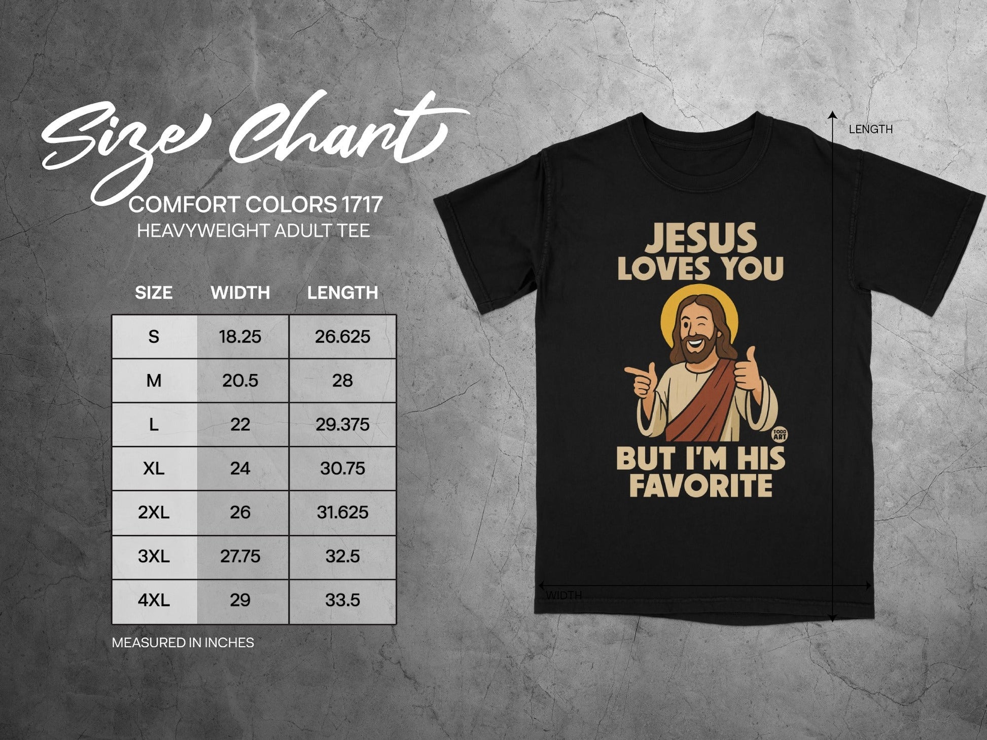 Comfort Colors 1717 heavyweight tee size chart and t-shirt graphic.