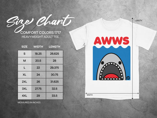 Size chart for adult t-shirts with "AWWS" graphic and ruler measurements.