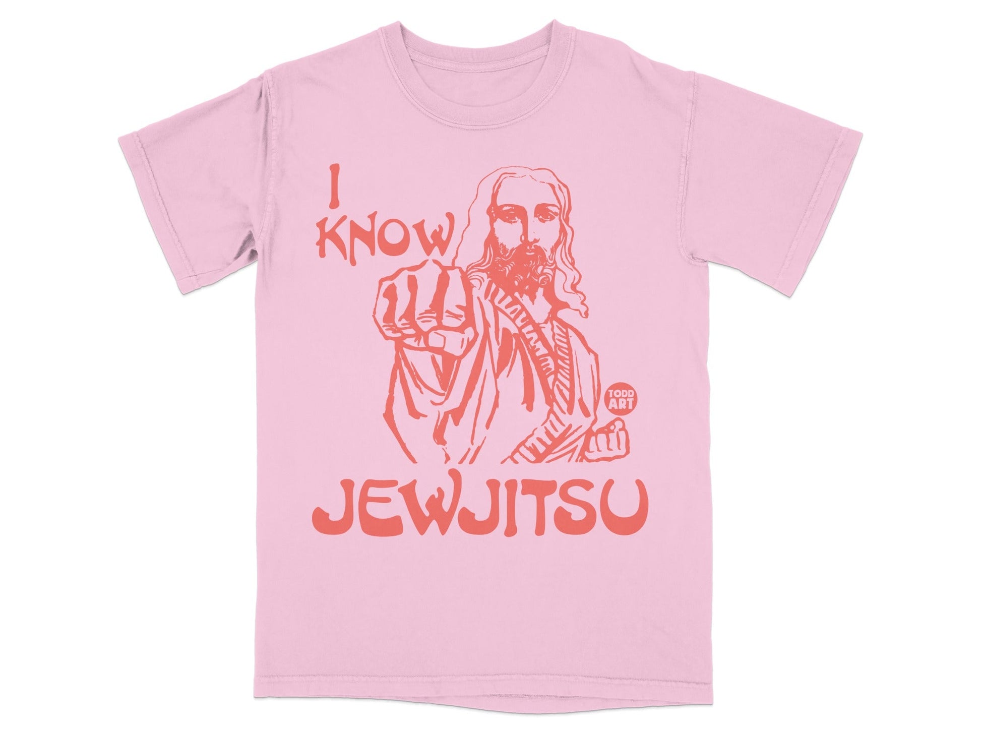 Pink t-shirt with Jesus pointing, saying "I know JEW JITSU".
