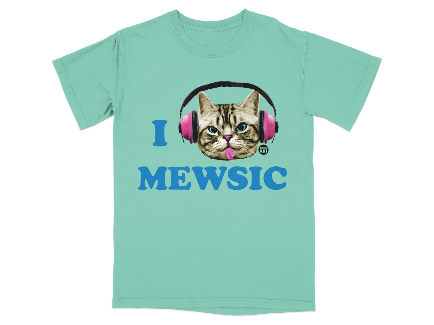 Teal t-shirt with a cat wearing headphones and "I MEWSIC" text.