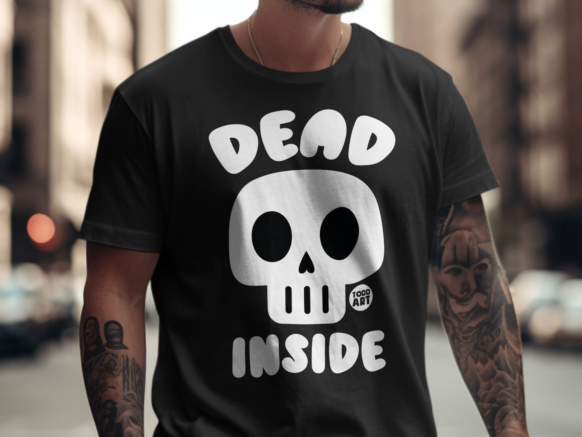 Black t-shirt with white skull and "DEAD INSIDE" text.