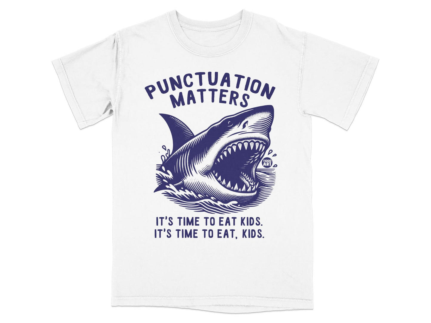White t-shirt with a shark graphic and text "PUNCTUATION MATTERS".