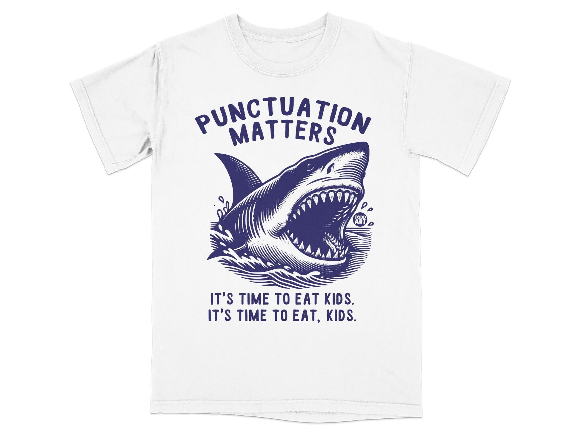 White t-shirt with a shark graphic and text "PUNCTUATION MATTERS".