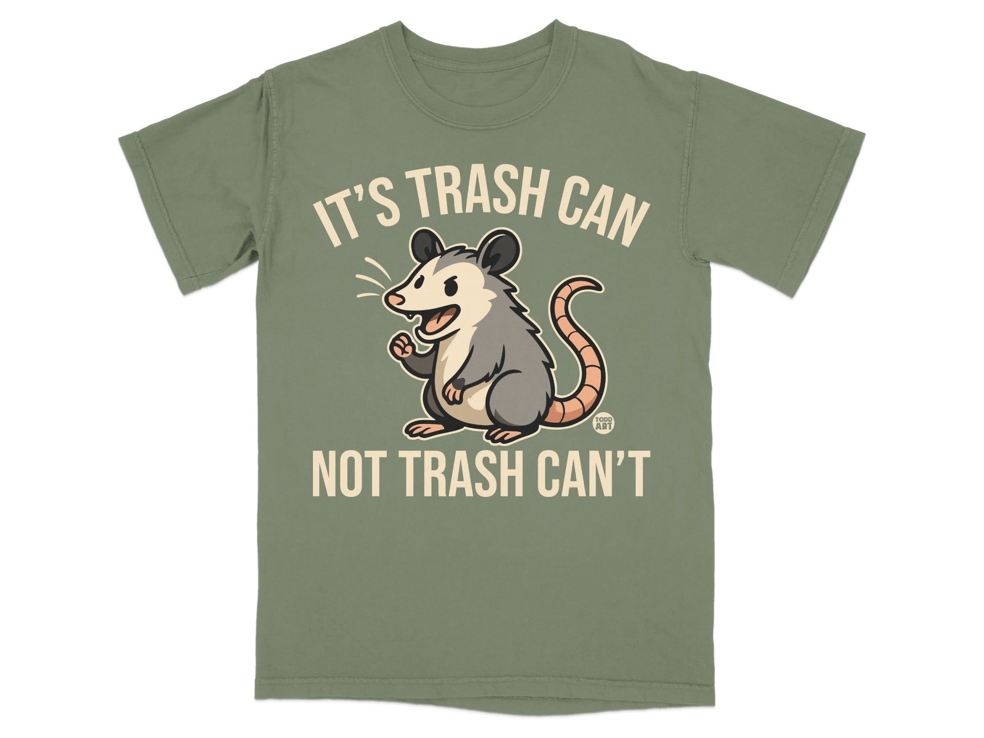 Green t-shirt with cartoon possum and text "IT'S TRASH CAN NOT TRASH CAN'T".