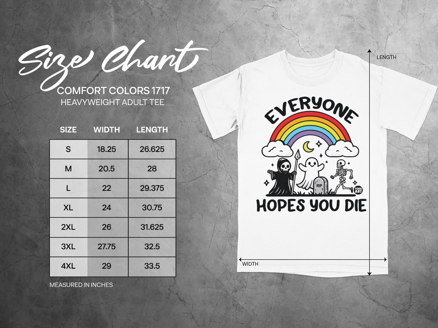 Size chart for Comfort Colors 1717 heavyweight adult tee with measurements.