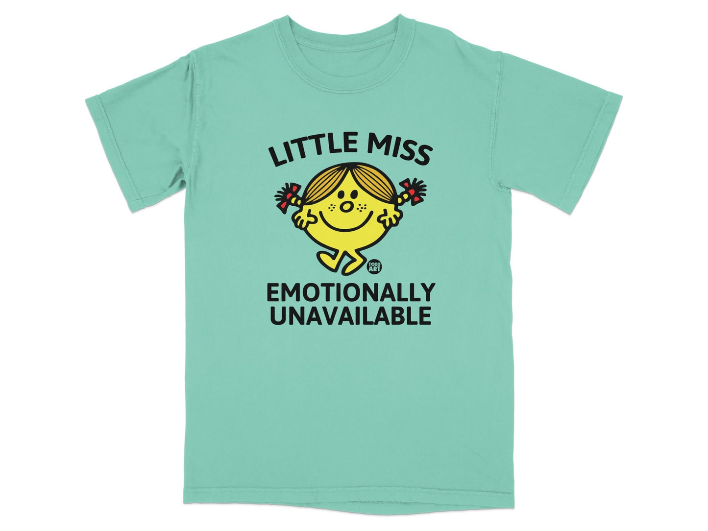 Mint green t-shirt with Little Miss character and text "emotionally unavailable."