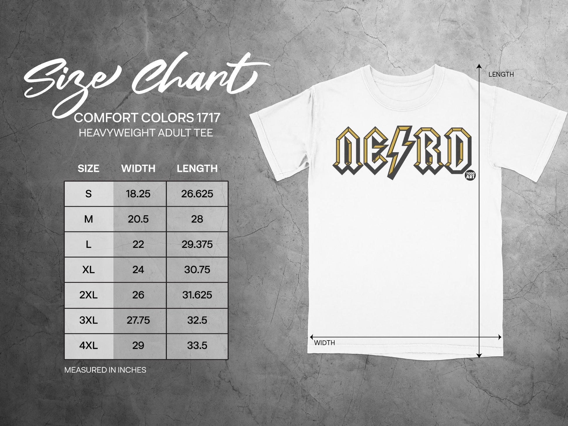 Size chart for a Comfort Colors 1717 heavyweight adult t-shirt with measurements.