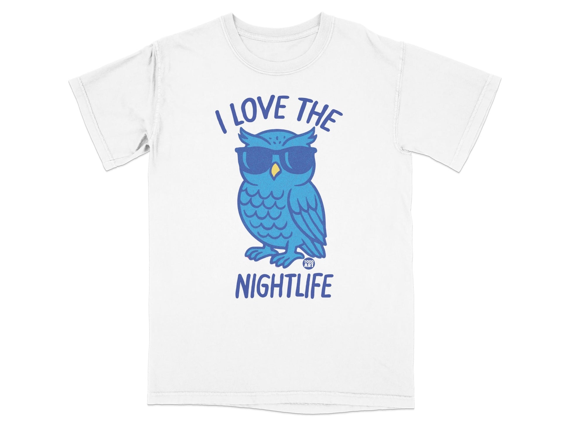 White t-shirt with blue owl wearing sunglasses and text "I LOVE THE NIGHTLIFE".