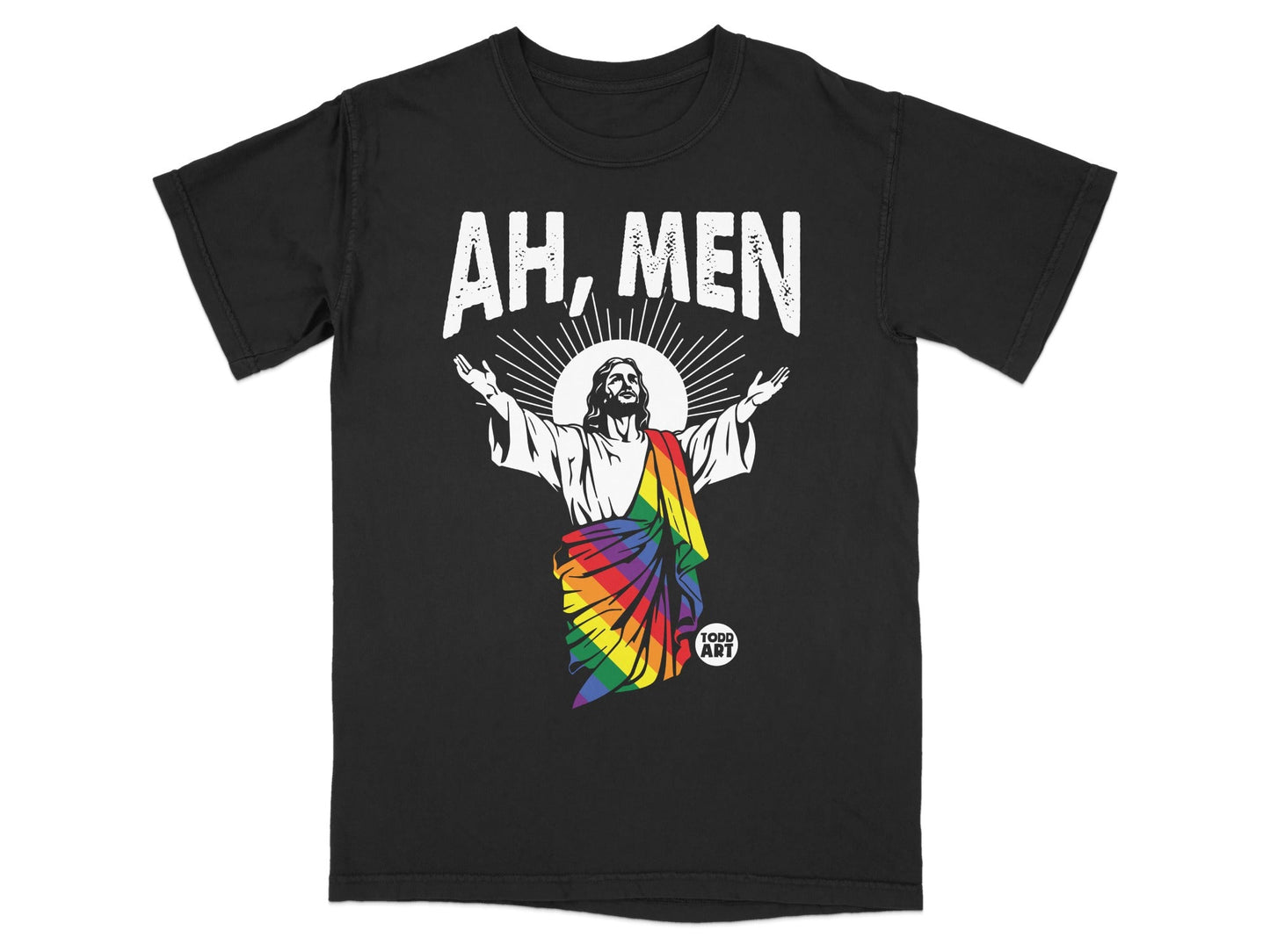 Black t-shirt with Jesus in rainbow robe, "AH, MEN" text, and "FORD ART" logo.
