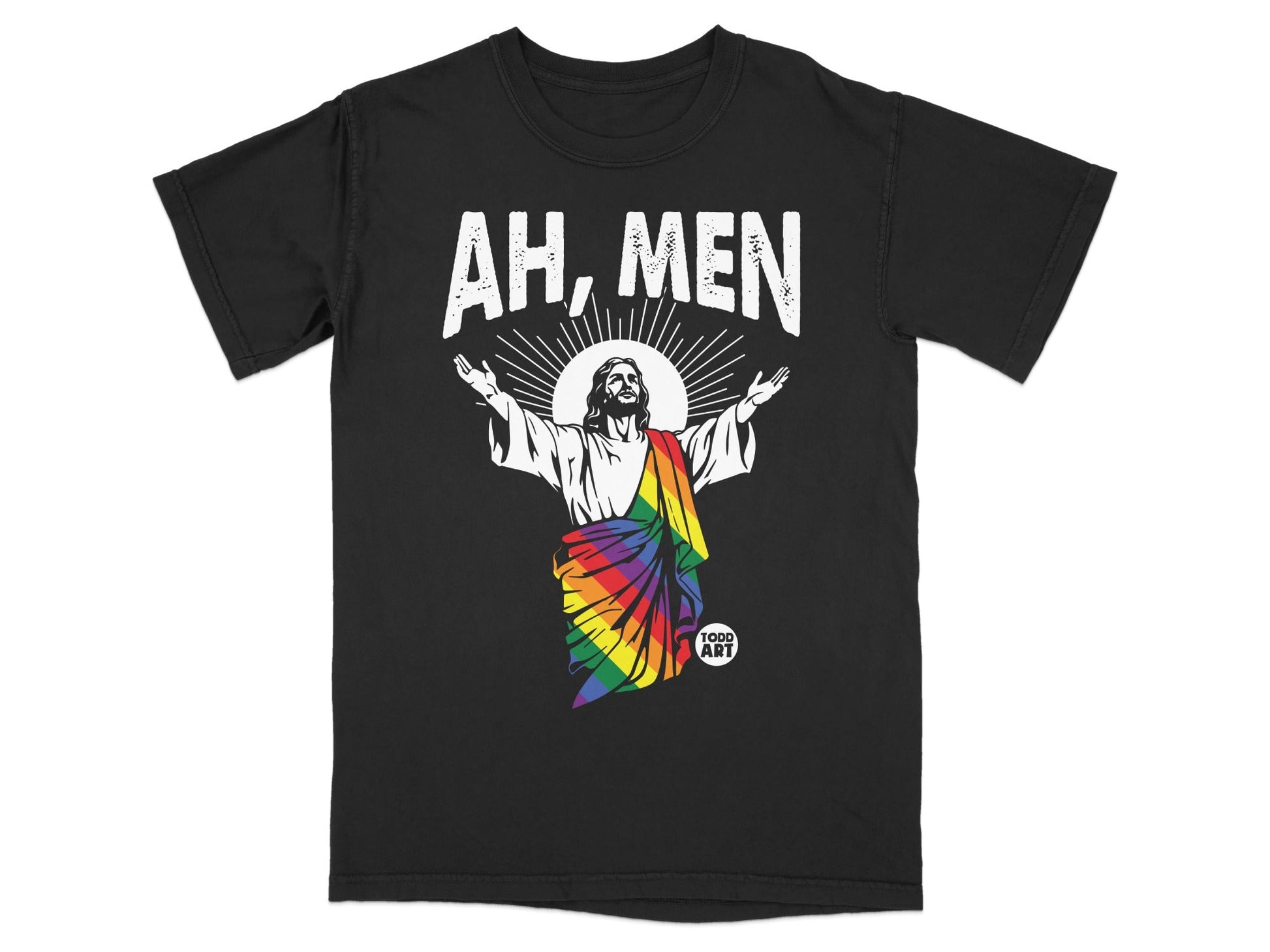 Black t-shirt with Jesus in rainbow robe, "AH, MEN" text, and "FORD ART" logo.