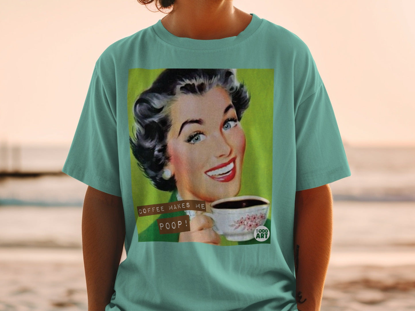 Retro illustration of smiling woman with text "COFFEE MAKES ME POOP!"