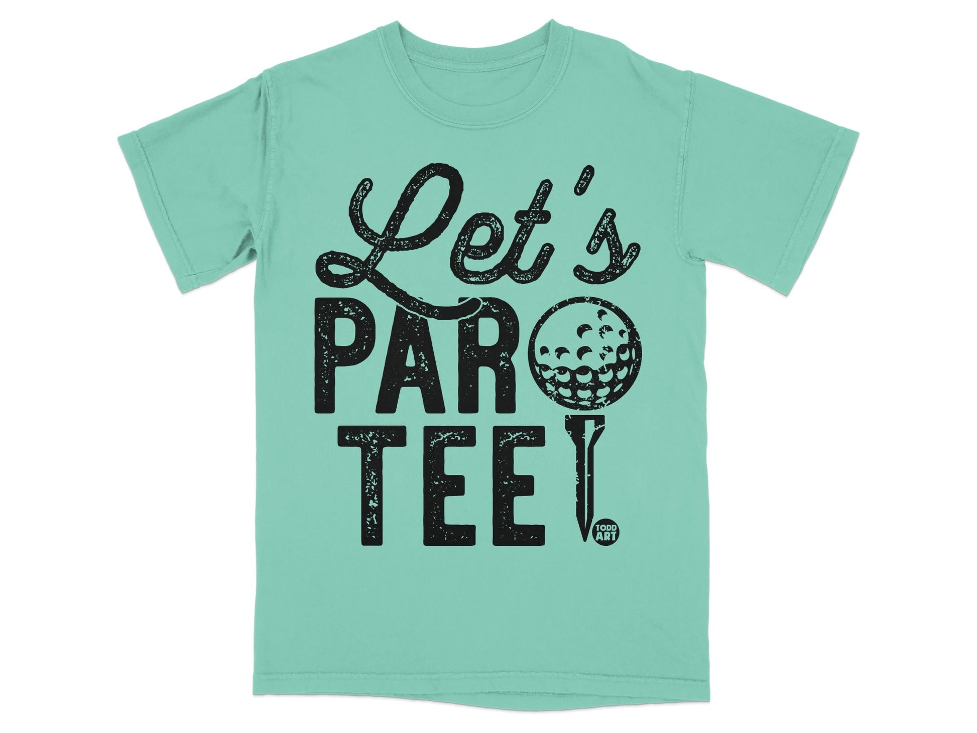 Green t-shirt with "Let's PAR TEE!" text and golf ball graphic.