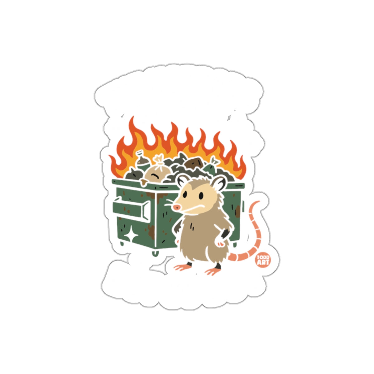 Burning Dumpster Opossum Cartoon Illustration sticker