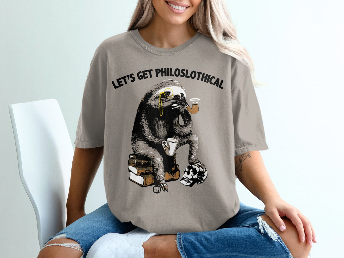 Sloth wearing glasses and smoking a pipe, sitting on books with skull.