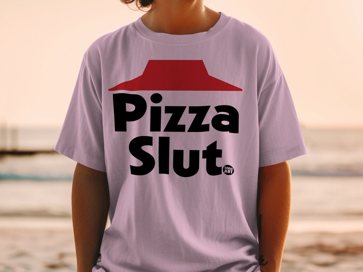 Light purple t-shirt with red and black "Pizza Slut" text and logo.