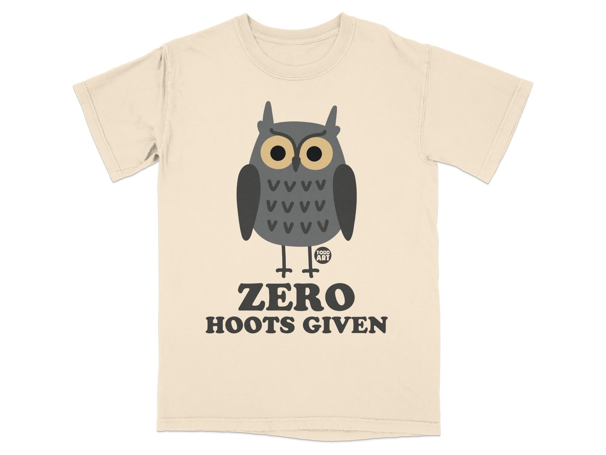 Cream t-shirt with graphic of an owl and "ZERO HOOTS GIVEN" text.
