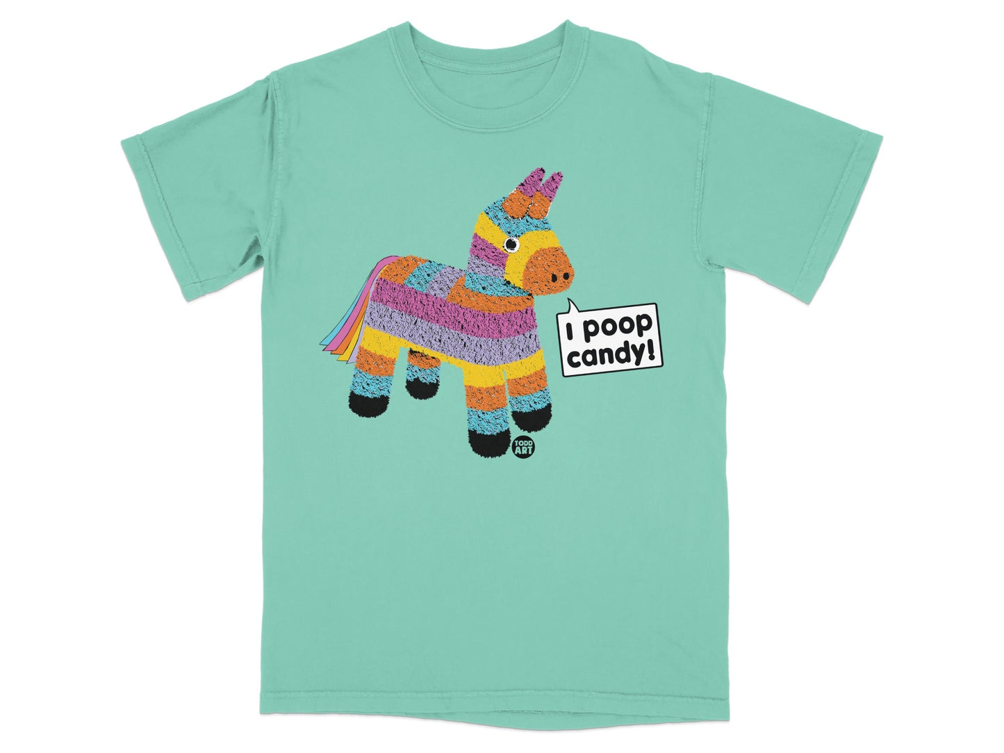 Pi√±ata with rainbow mane on a teal t-shirt with "I poop candy!" text.