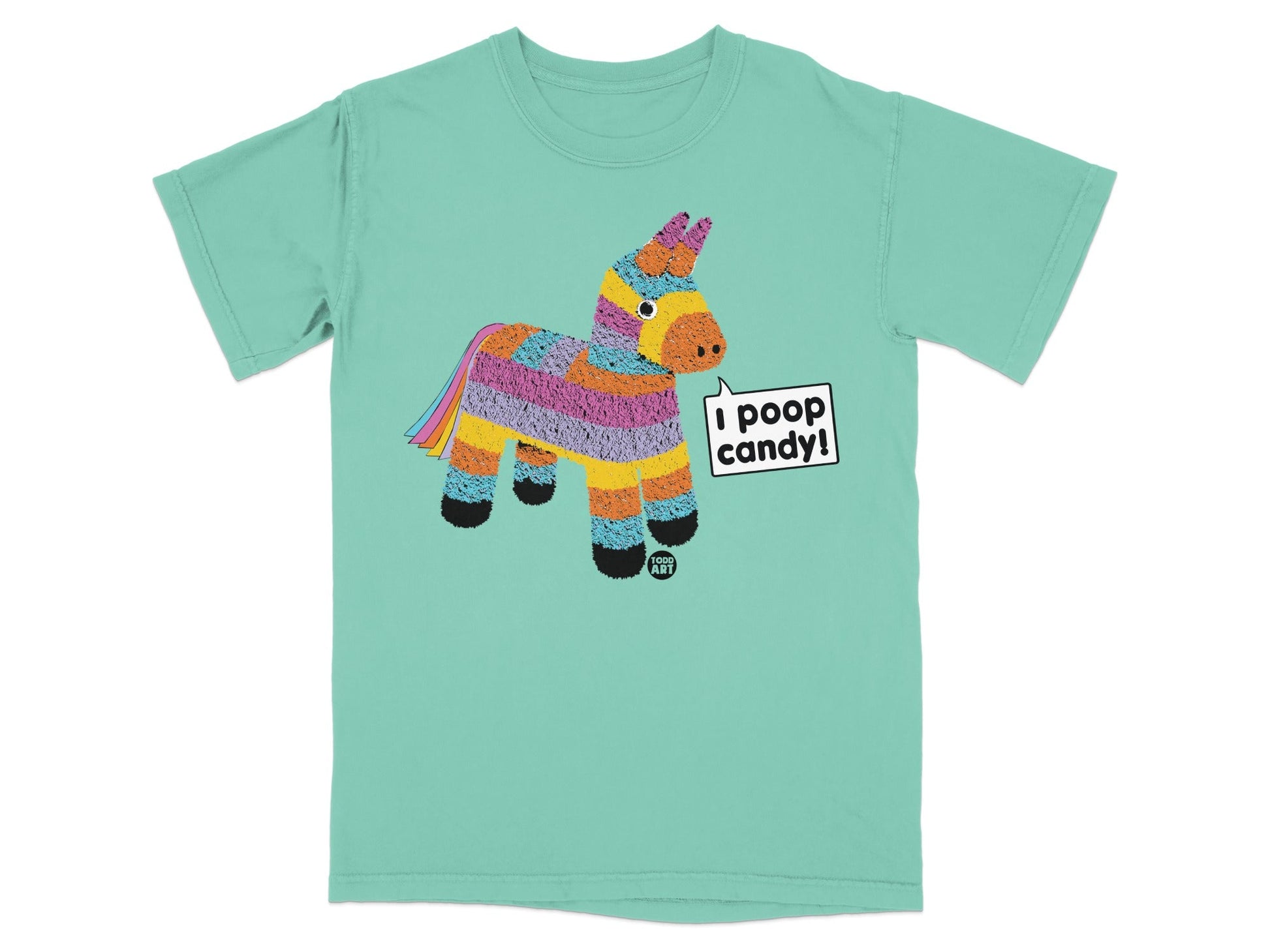 Pi√±ata with rainbow mane on a teal t-shirt with "I poop candy!" text.