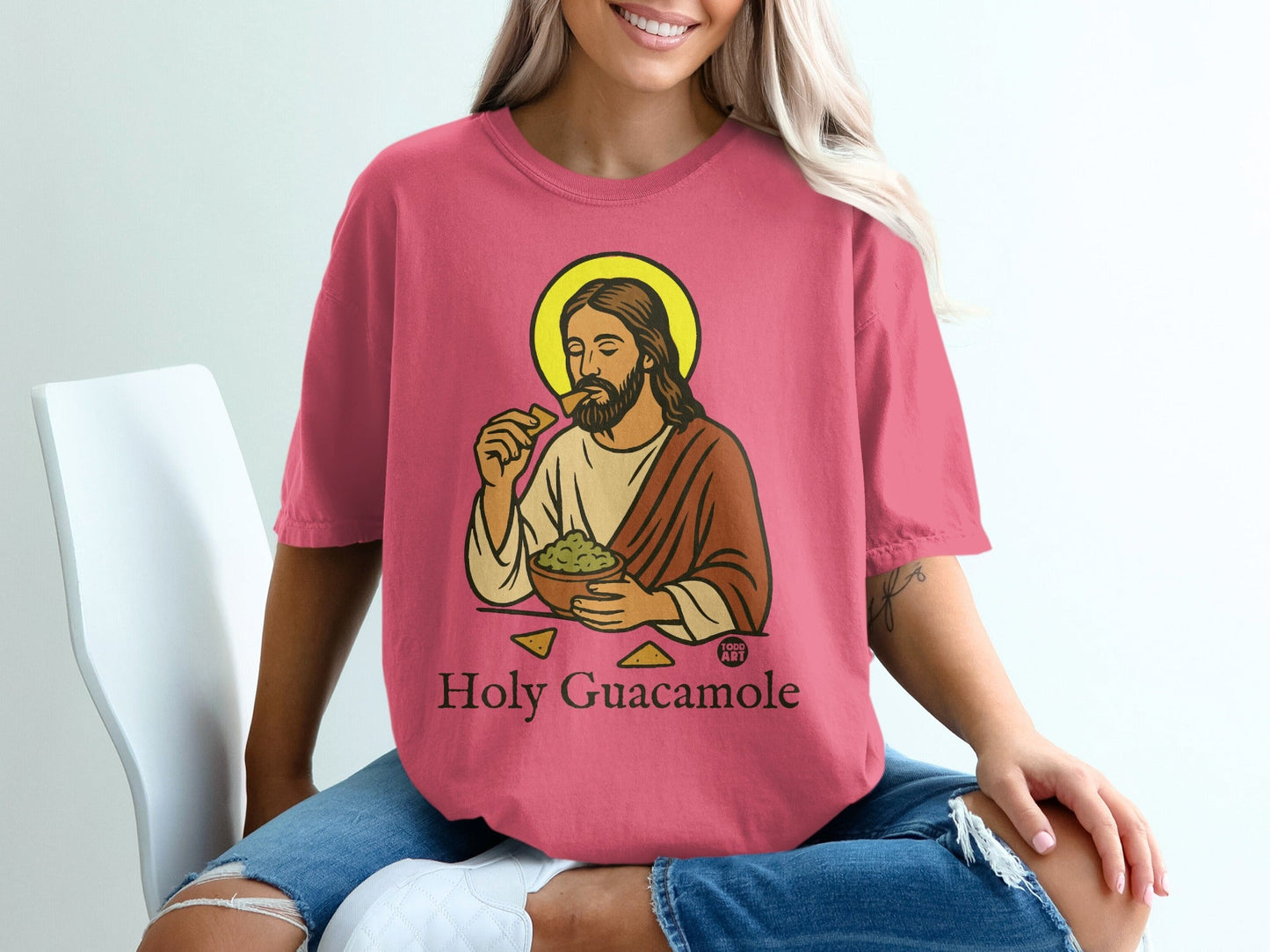 Jesus Christ eating guacamole with chips, "Holy Guacamole" text.