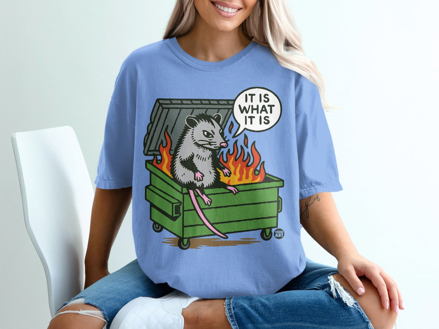 Opossum sitting in a burning dumpster with "IT IS WHAT IT IS" speech bubble.