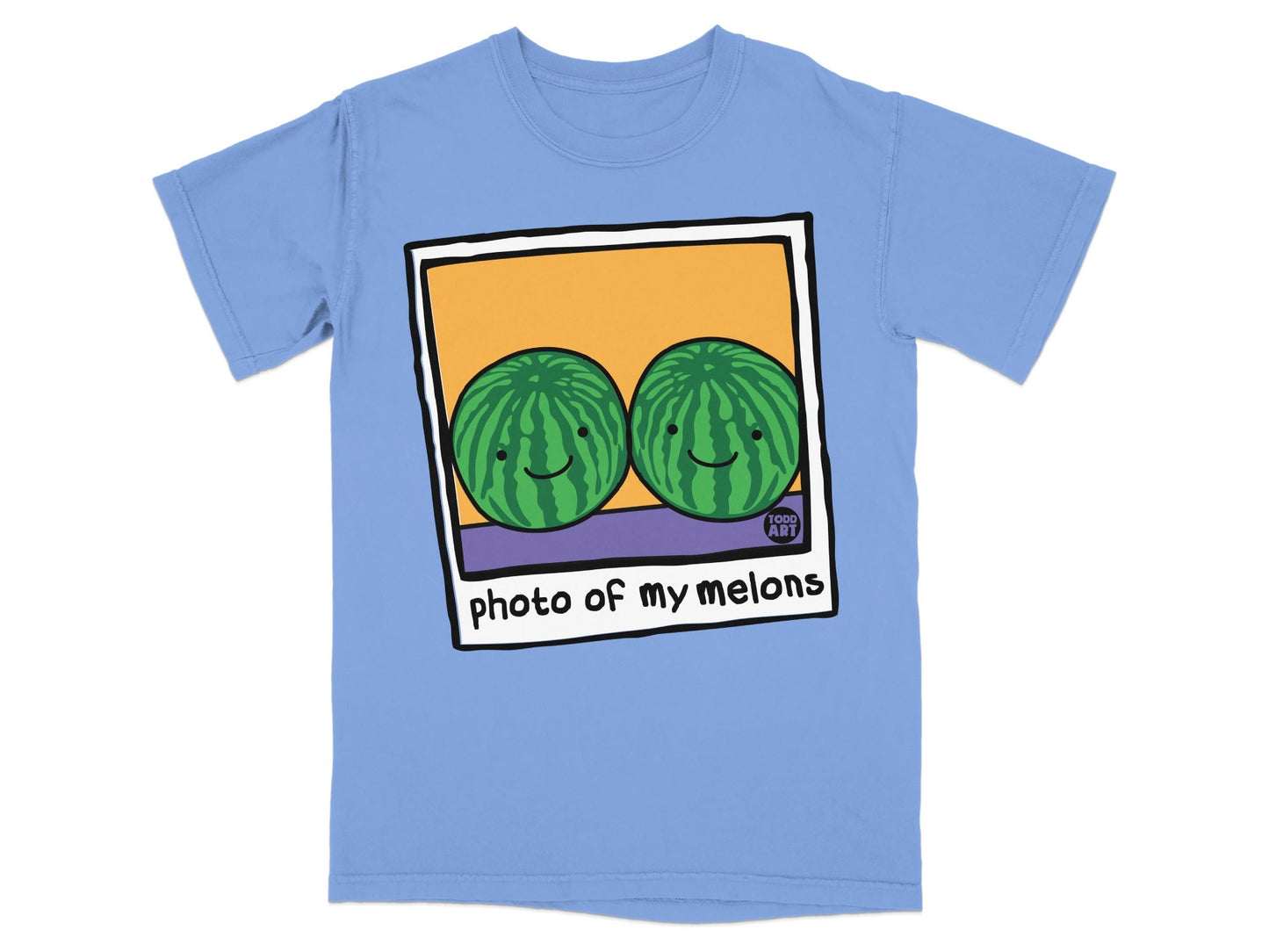 Two smiling watermelons in a cartoon polaroid on a blue t-shirt.