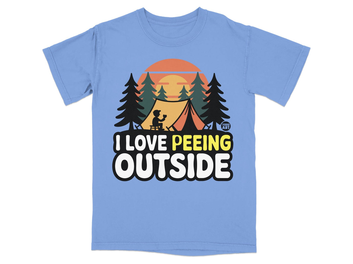 Light blue t-shirt with "I LOVE PEEING OUTSIDE" text and camping scene.