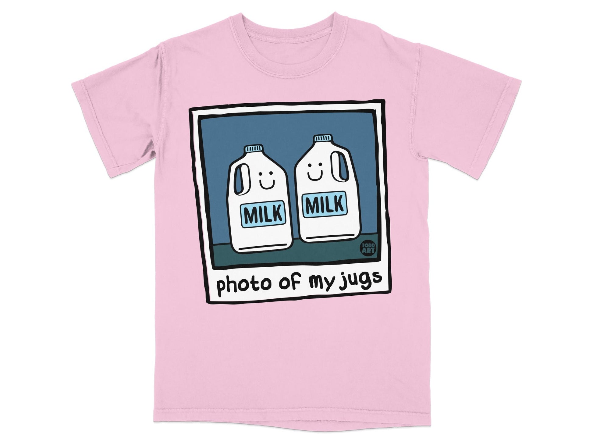 Pink t-shirt with two cartoon milk jugs and "photo of my jugs" text.