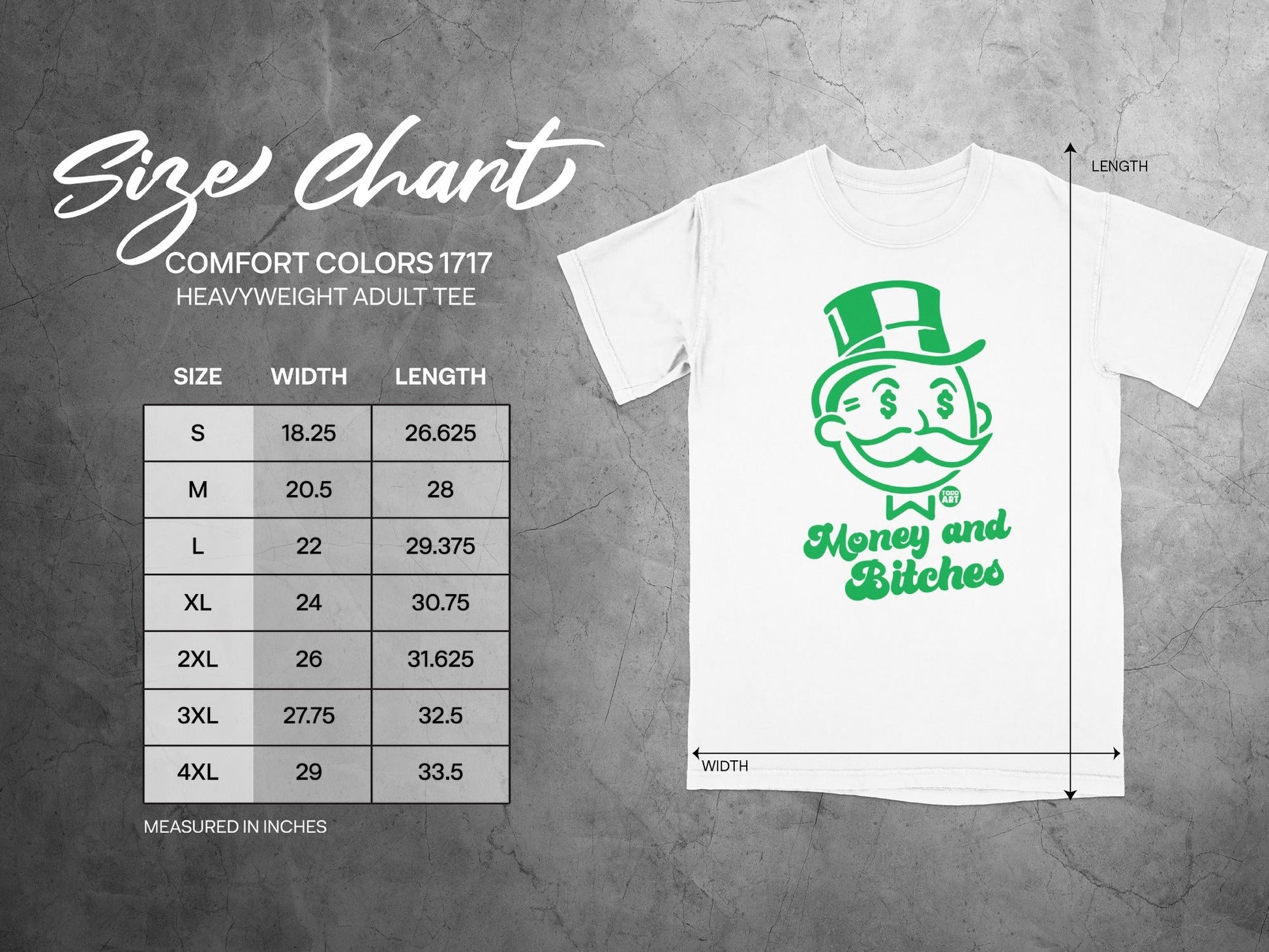 Size chart for Comfort Colors 1717 heavyweight adult tee.