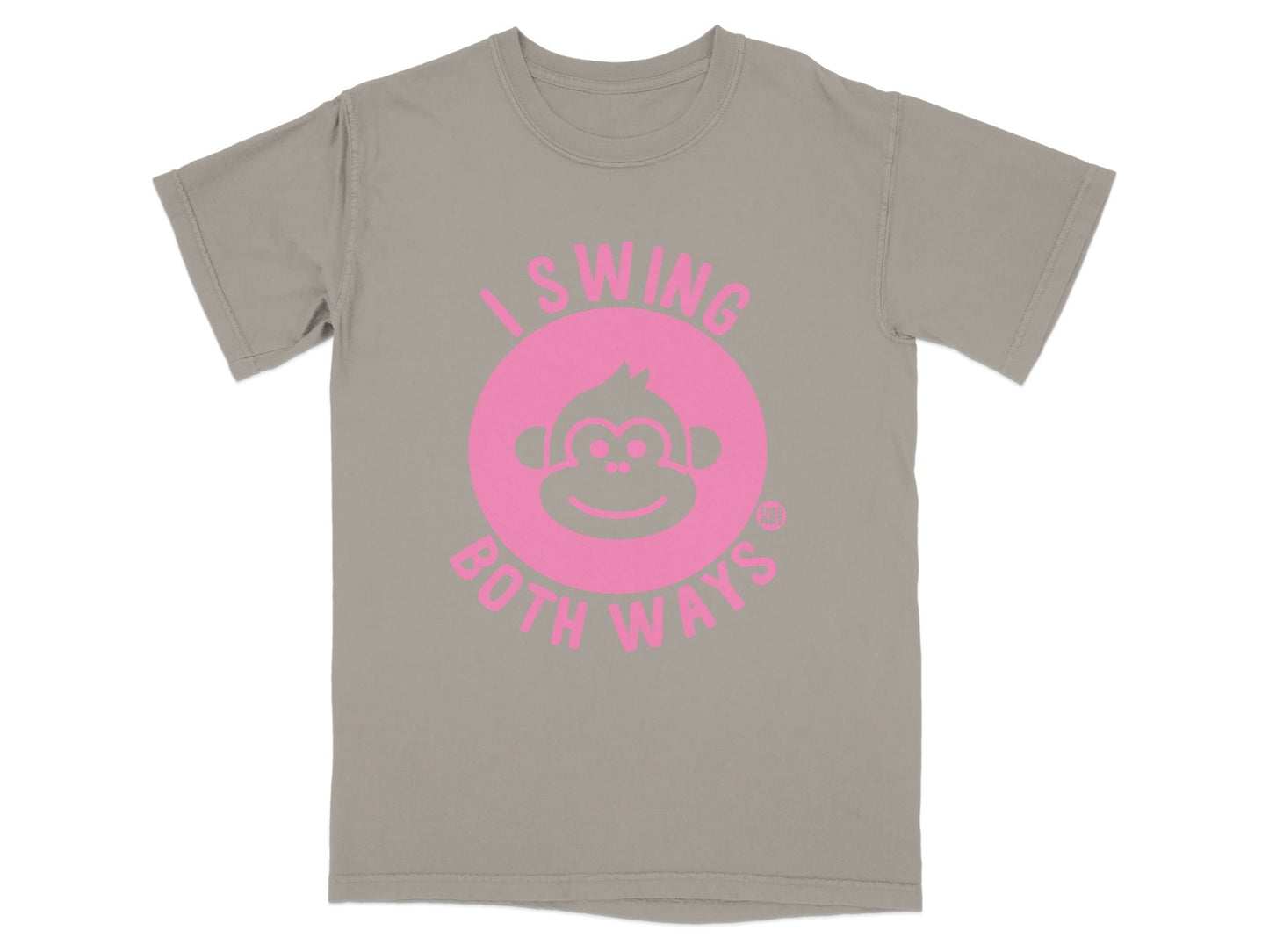 Grey t-shirt with pink text and monkey graphic saying "I SWING BOTH WAYS".