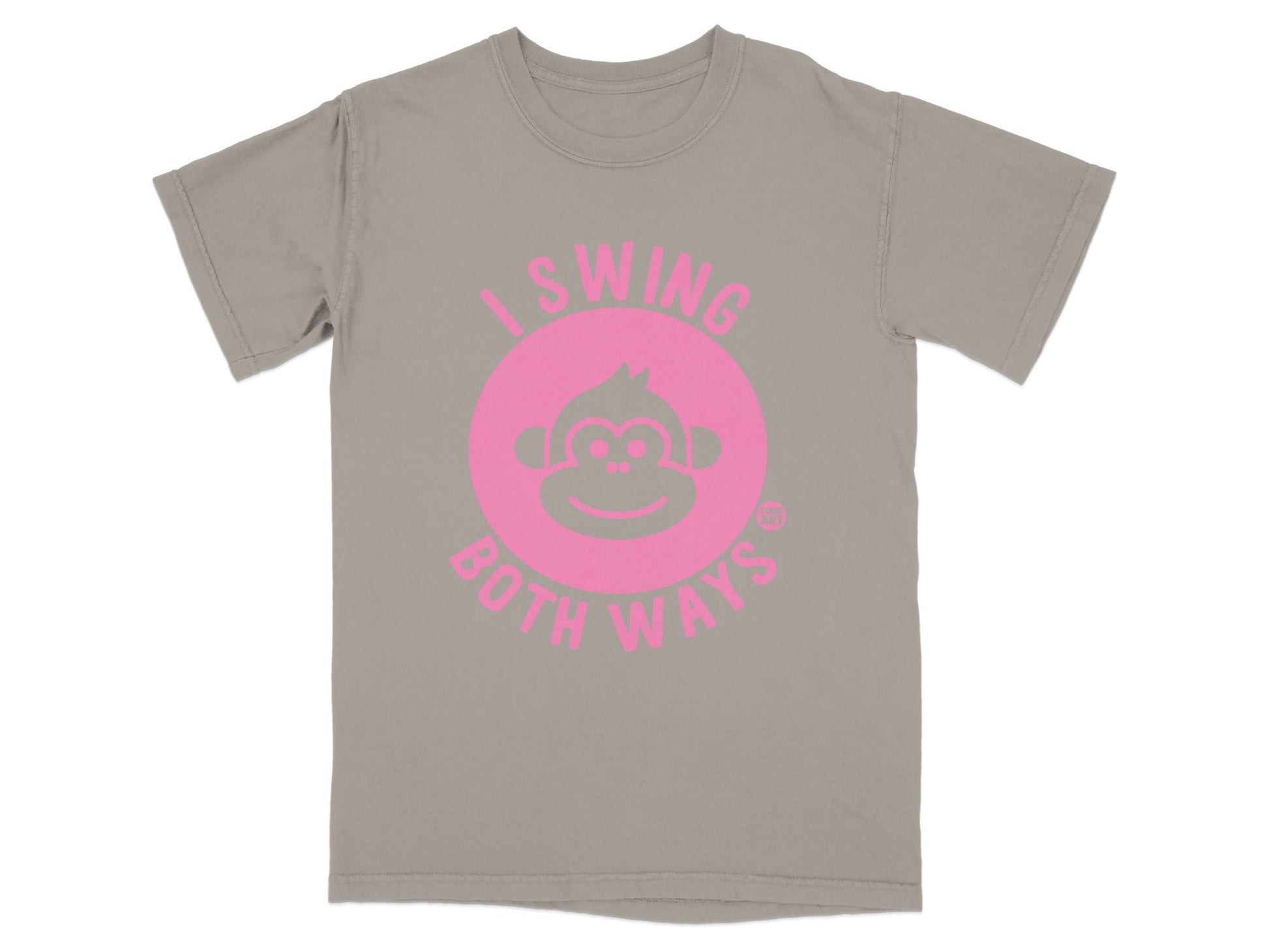 Grey t-shirt with pink text and monkey graphic saying "I SWING BOTH WAYS".